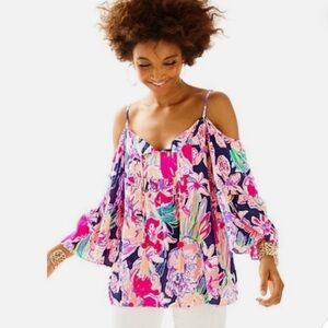Lilly Pulitzer Cold-Shoulder Floral Tunic in Pink and Navy
